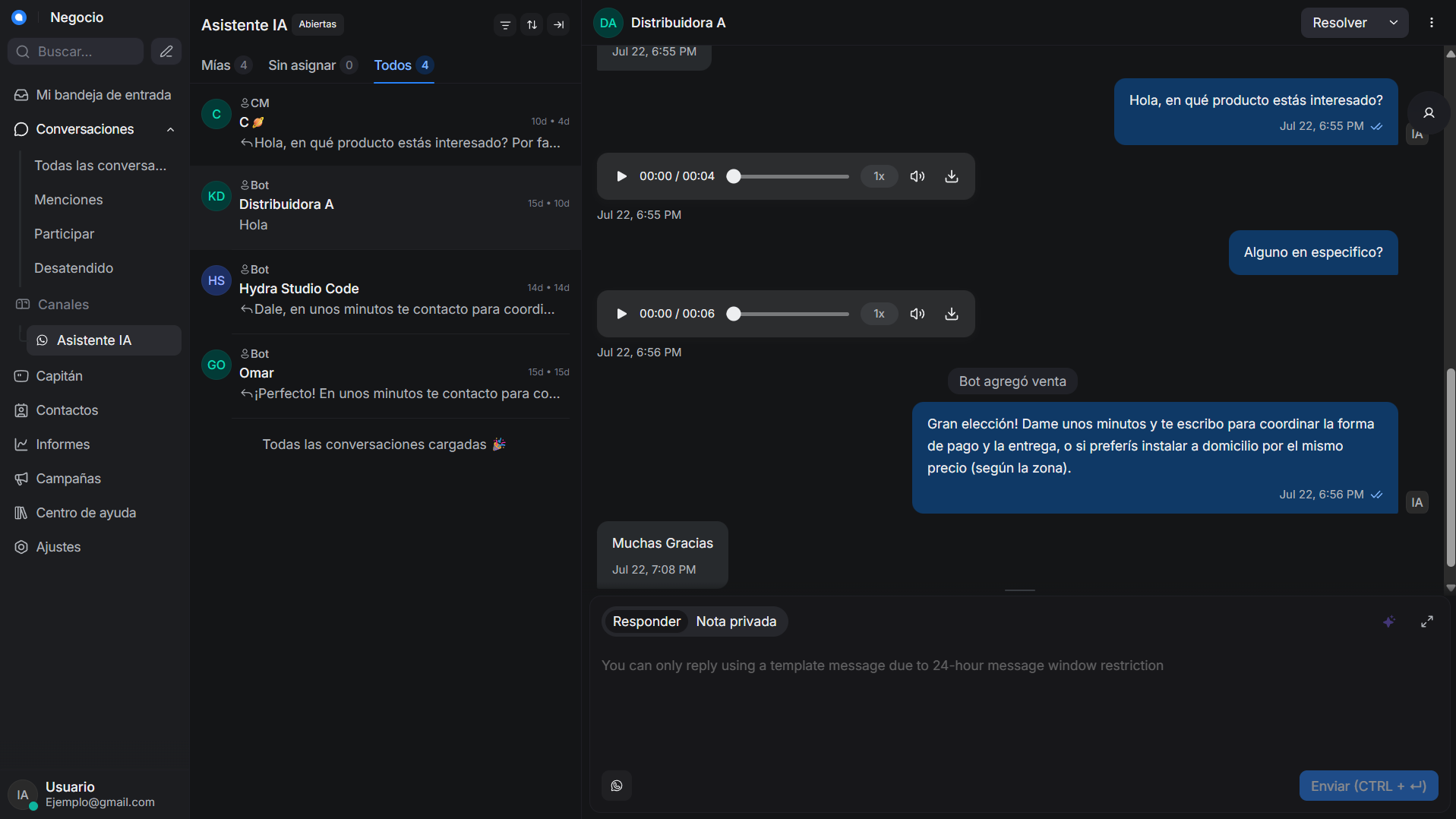 Bandeja de entrada de WhatsApp gestionada por el asistente de IA en Chatwoot