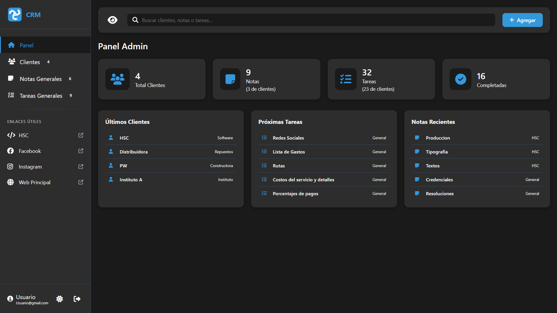 Panel de administración de CRM con clientes, notas y tareas