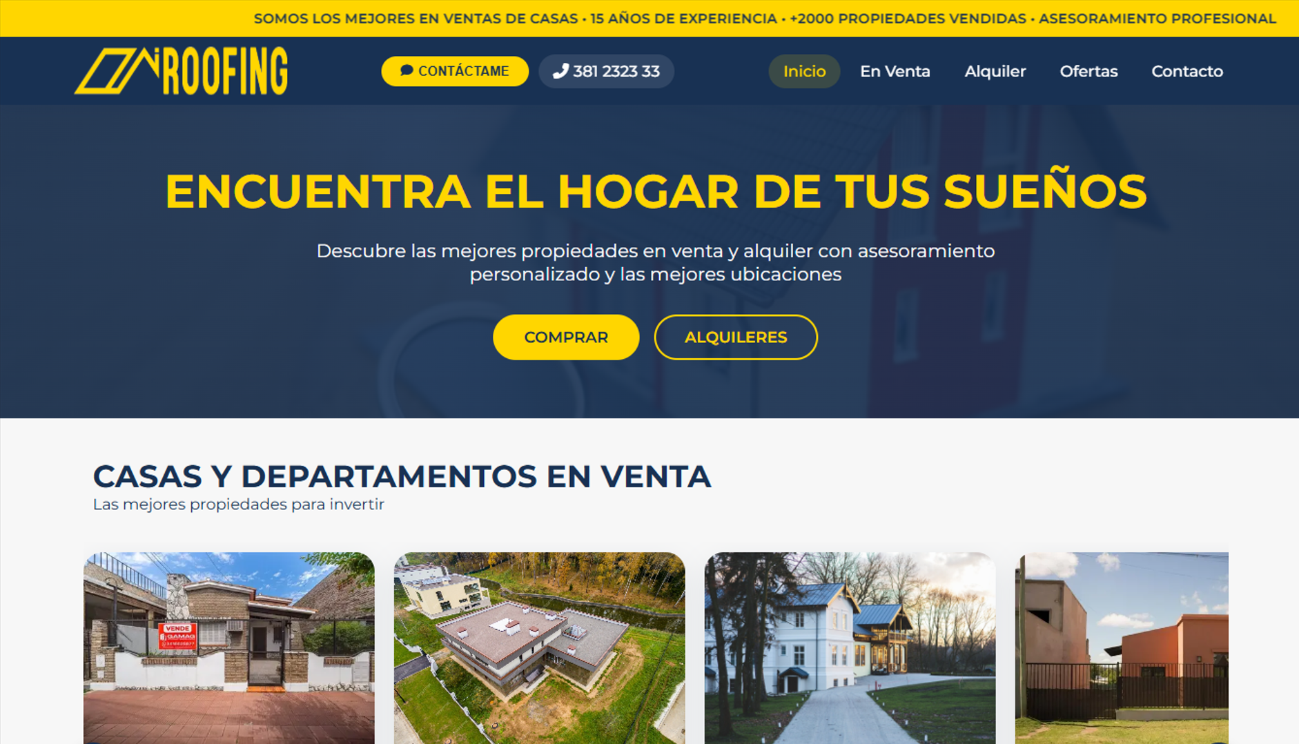 Página de inicio de Roofing con propiedades destacadas