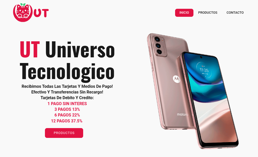 Página de inicio de Universo Tecnológico con un producto destacado