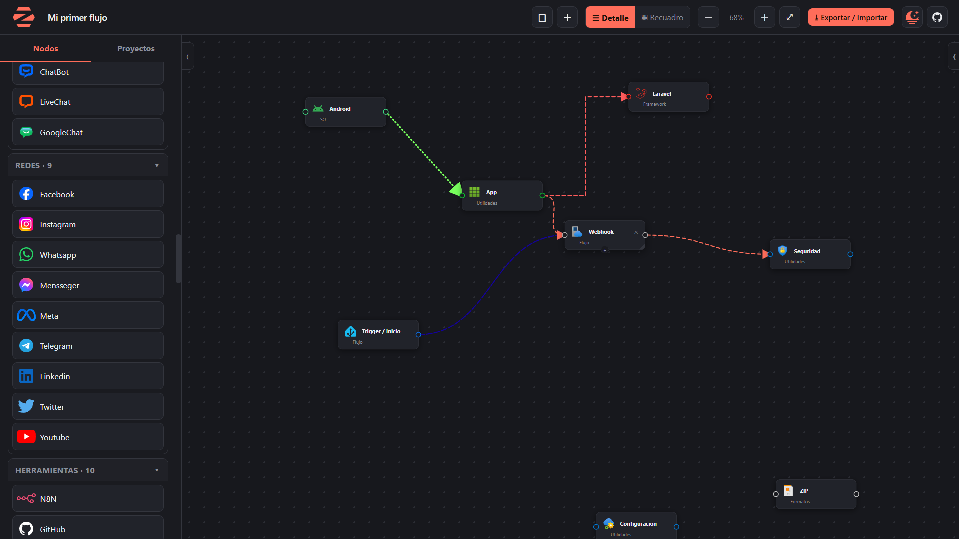 Editor de flujos de Z8N en tema oscuro con nodos conectados